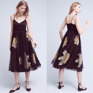 Moulinette Soeurs Anthropologie Black Floral Tulle Midi Dress Saffron Size 4
